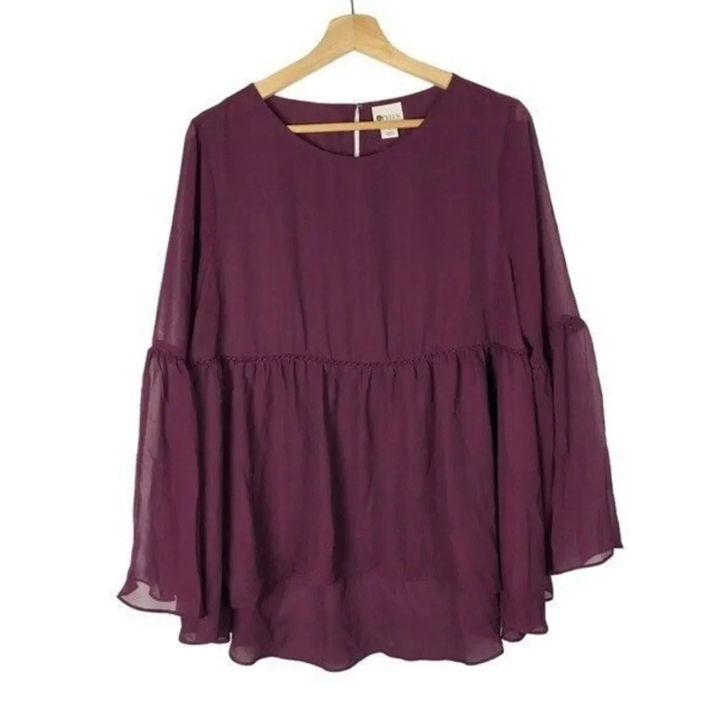 Stylus Plum Purple Sheer Bell Sleeve Babydoll Top L